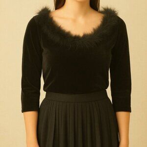 Vintage Black Velvet Feather Trim Top Y2K Party Holiday Glam Whimsigoth Size L
